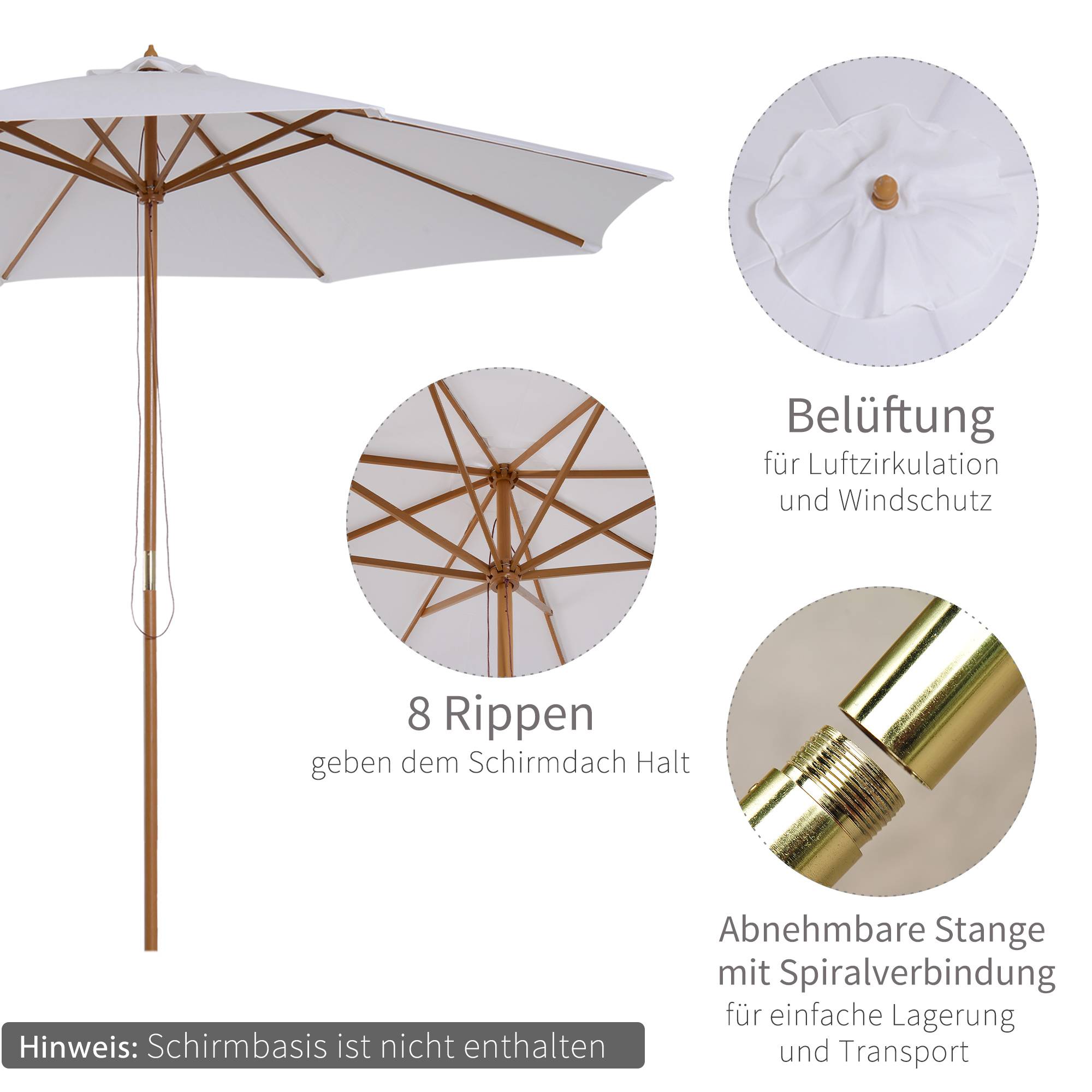 Parasol droit bois et bambou pour terrasse et jardin toile anti-UV 300cm blanc crème - ComfortXL Outdoor Living - Image 6