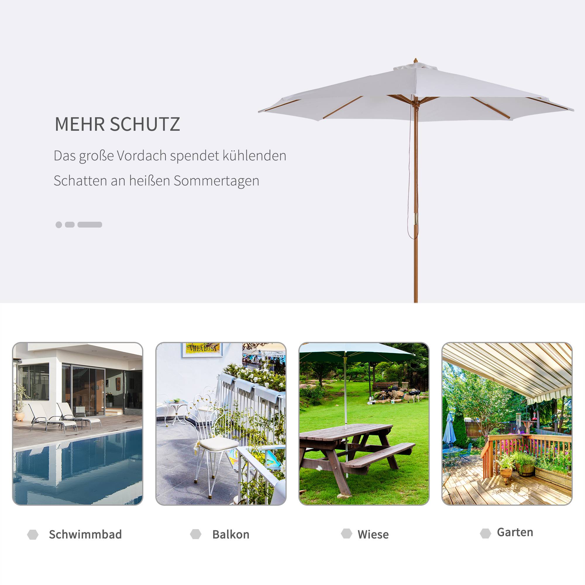 Parasol droit bois et bambou pour terrasse et jardin toile anti-UV 300cm blanc crème - ComfortXL Outdoor Living - Image 4