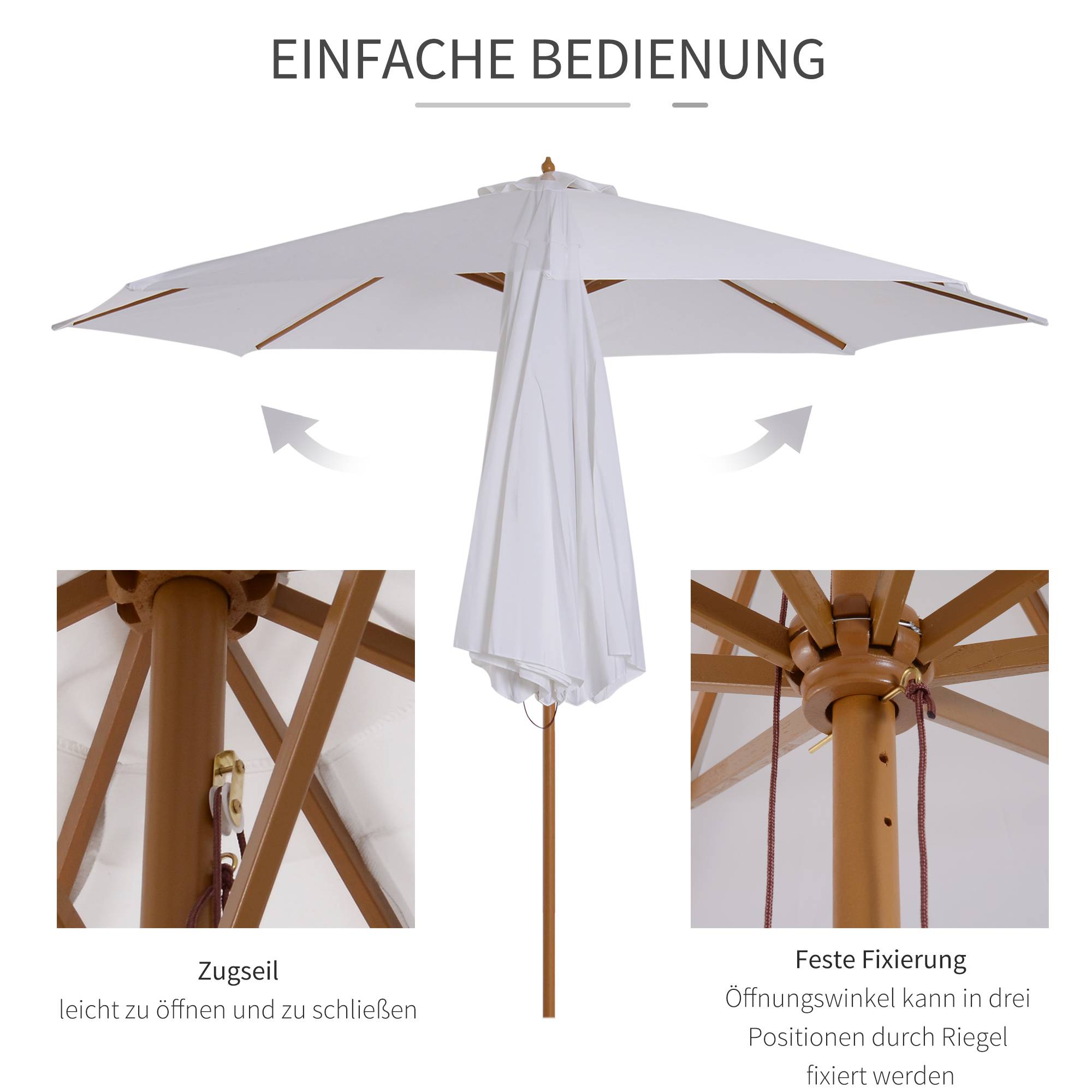 Parasol droit bois et bambou pour terrasse et jardin toile anti-UV 300cm blanc crème - ComfortXL Outdoor Living - Image 5