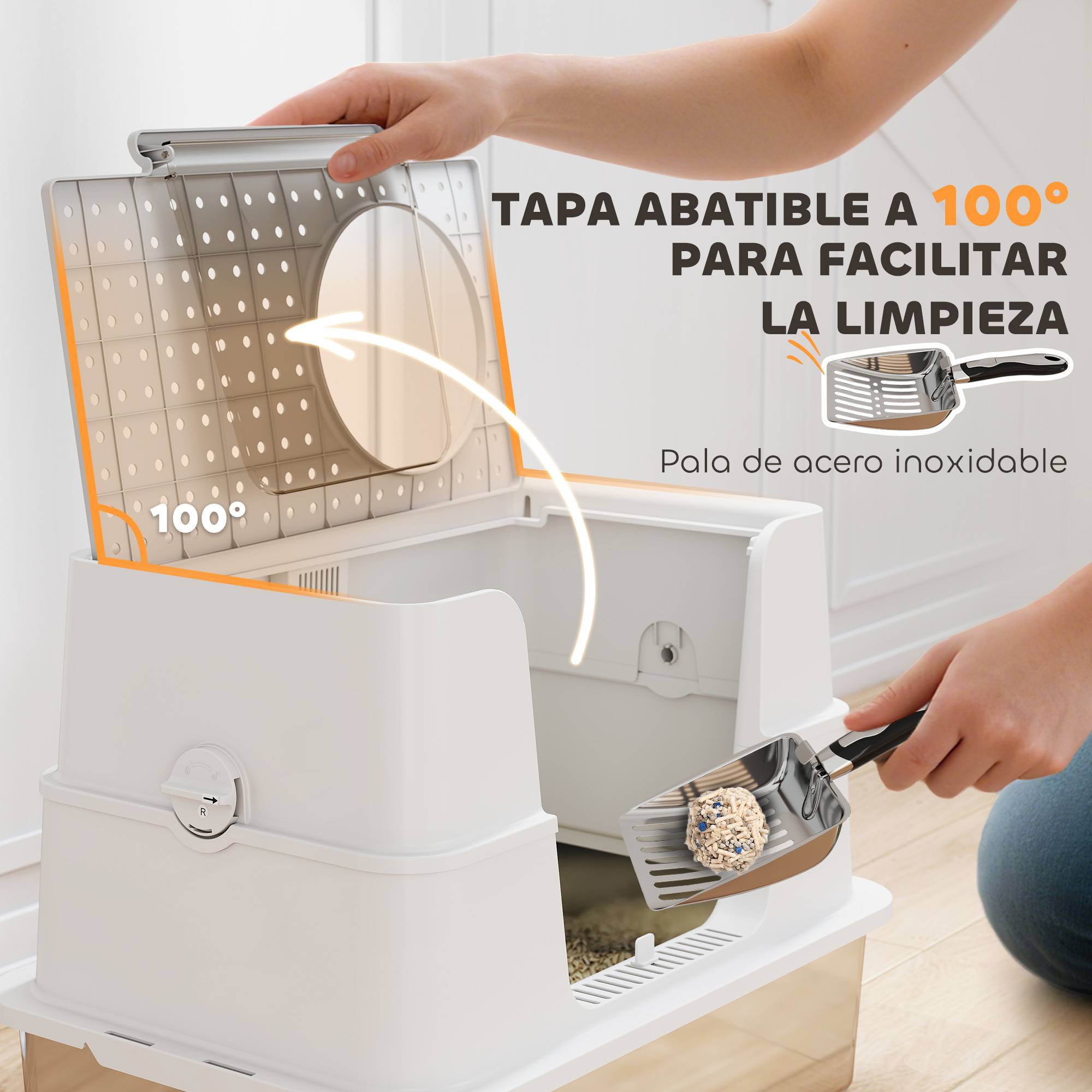 Bac à litière extra-large en acier inoxydable avec couvercle à charnière, rebord haut, pelle incluse, facile à nettoyer, étanche, gris clair. - Image 8
