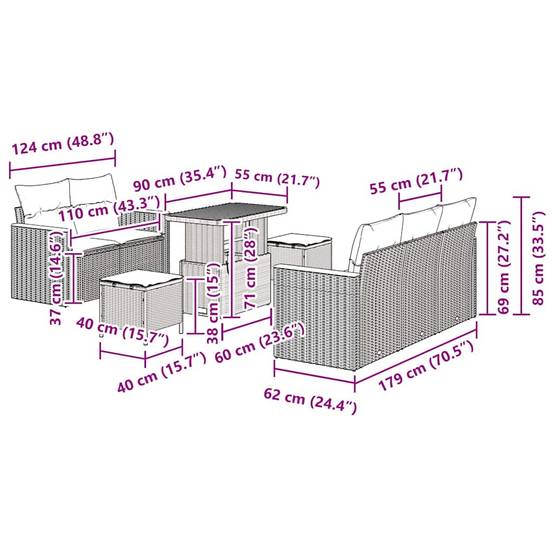 Salon de jardin modulable 8 pcs en poly rotin avec table pour balcon Gris – ComfortXL Outdoor Living - Image 4