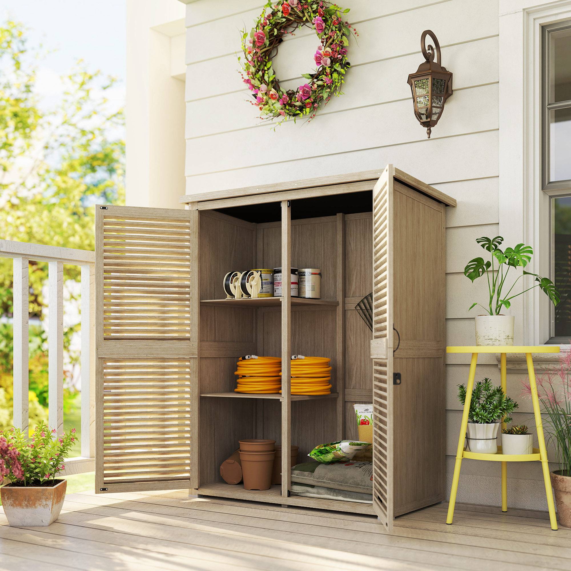Armoire extérieure rangement sapin 2 étagères avec piquets 127x65x159,5/168cm - Image 3