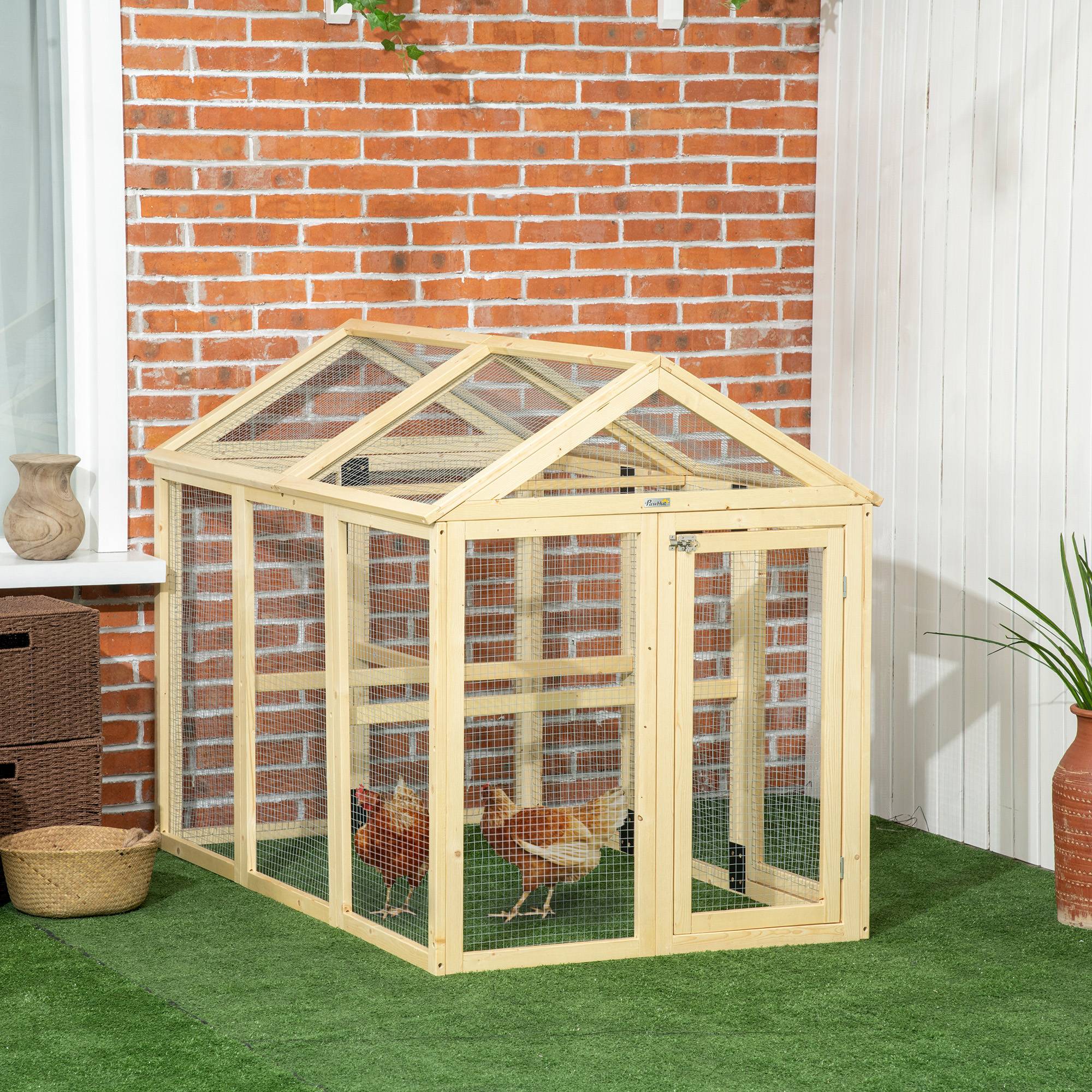 Sans Marque - Enclos poulailler bois cage poules parc grillage 140x88,5x106 cm naturel - Image 4