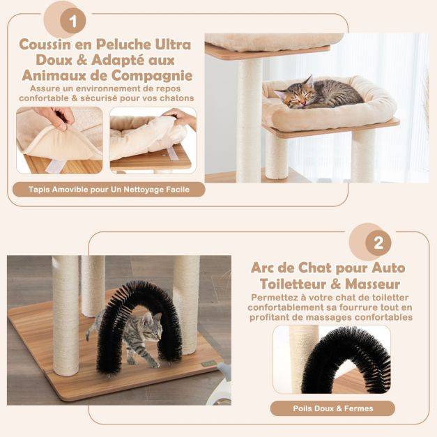 Helloshop26 - Arbre à chat 175cm à 6 niveaux avec niche et coussin amovible grande tour de jeu pour chat avec poteaux en sisal beige - Image 4