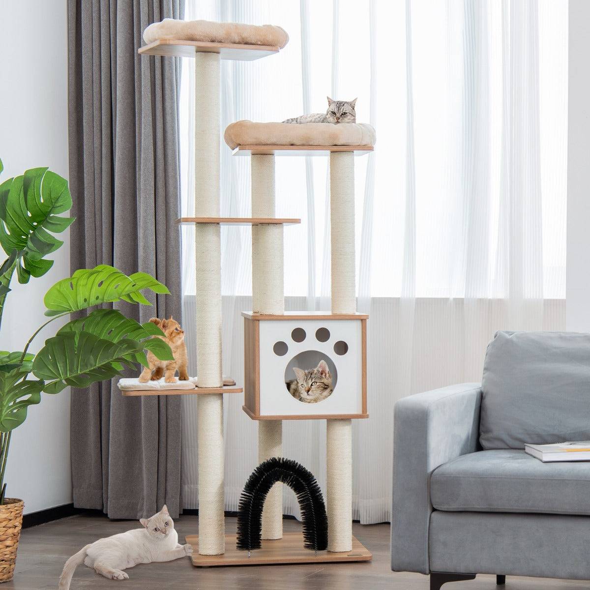 Helloshop26 - Arbre à chat 175cm à 6 niveaux avec niche et coussin amovible grande tour de jeu pour chat avec poteaux en sisal beige - Image 2