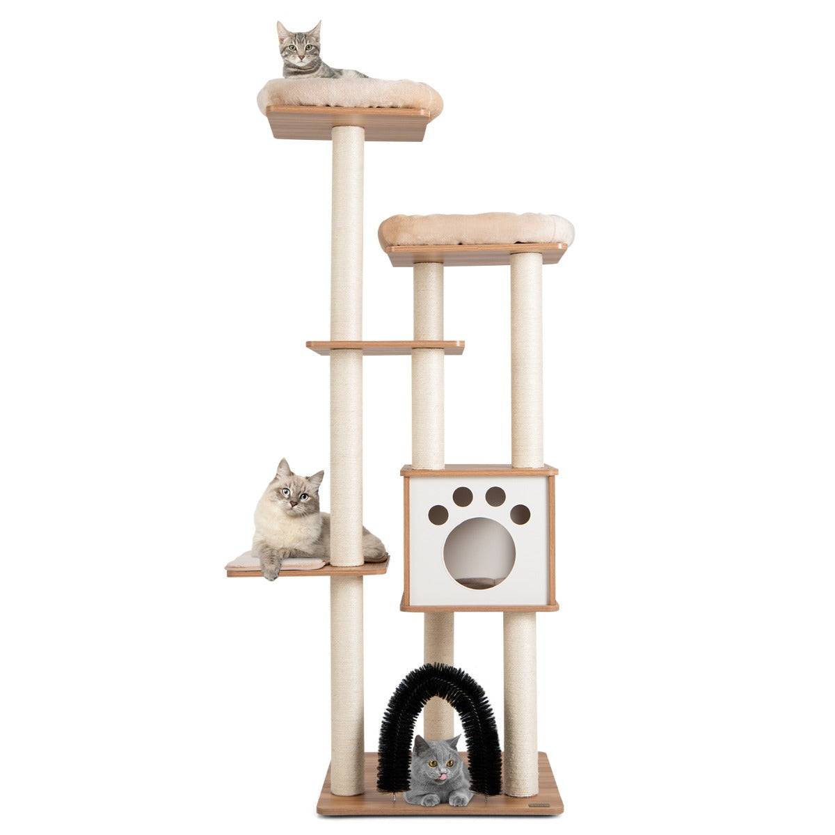 Helloshop26 - Arbre à chat 175cm à 6 niveaux avec niche et coussin amovible grande tour de jeu pour chat avec poteaux en sisal beige - Image 1
