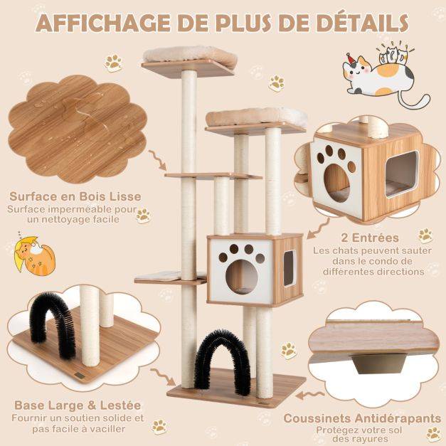 Helloshop26 - Arbre à chat 175cm à 6 niveaux avec niche et coussin amovible grande tour de jeu pour chat avec poteaux en sisal beige - Image 3