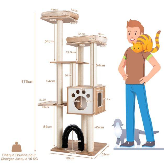 Helloshop26 - Arbre à chat 175cm à 6 niveaux avec niche et coussin amovible grande tour de jeu pour chat avec poteaux en sisal beige - Image 6