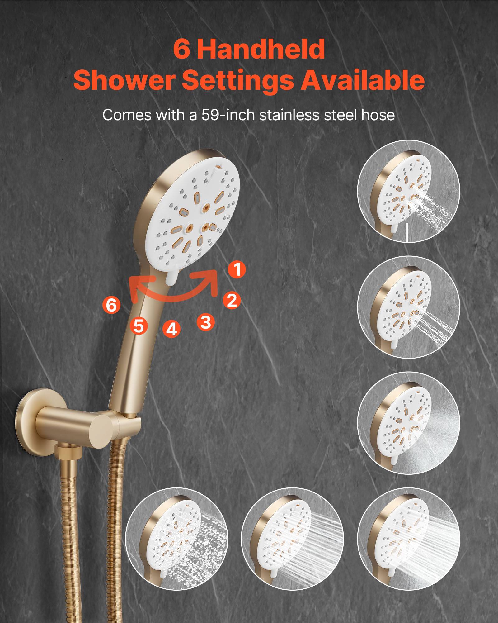 VEVOR Kit de Douche avec Douchette de Tête Ronde 25,4 cm et à Main Or Brossé - Image 3