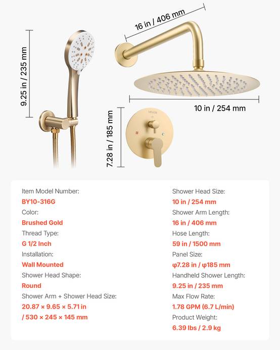 VEVOR Kit de Douche avec Douchette de Tête Ronde 25,4 cm et à Main Or Brossé - Image 7
