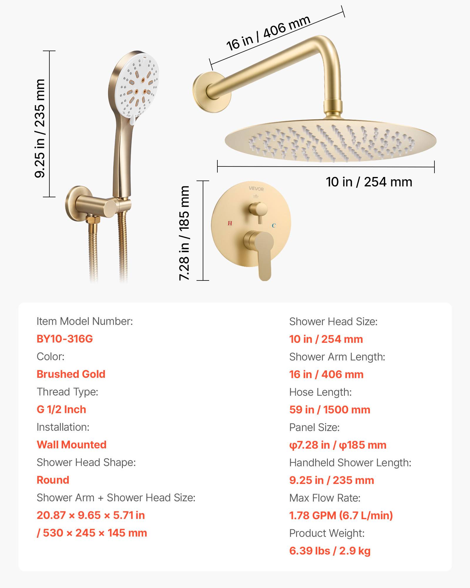 VEVOR Kit de Douche avec Douchette de Tête Ronde 25,4 cm et à Main Or Brossé - Image 7