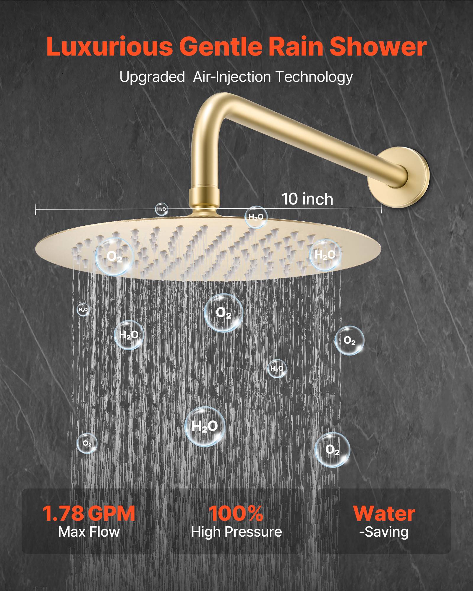 VEVOR Kit de Douche avec Douchette de Tête Ronde 25,4 cm et à Main Or Brossé - Image 2