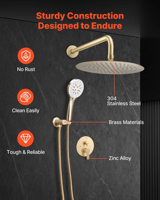 VEVOR Kit de Douche avec Douchette de Tête Ronde 25,4 cm et à Main Or Brossé - Image 6