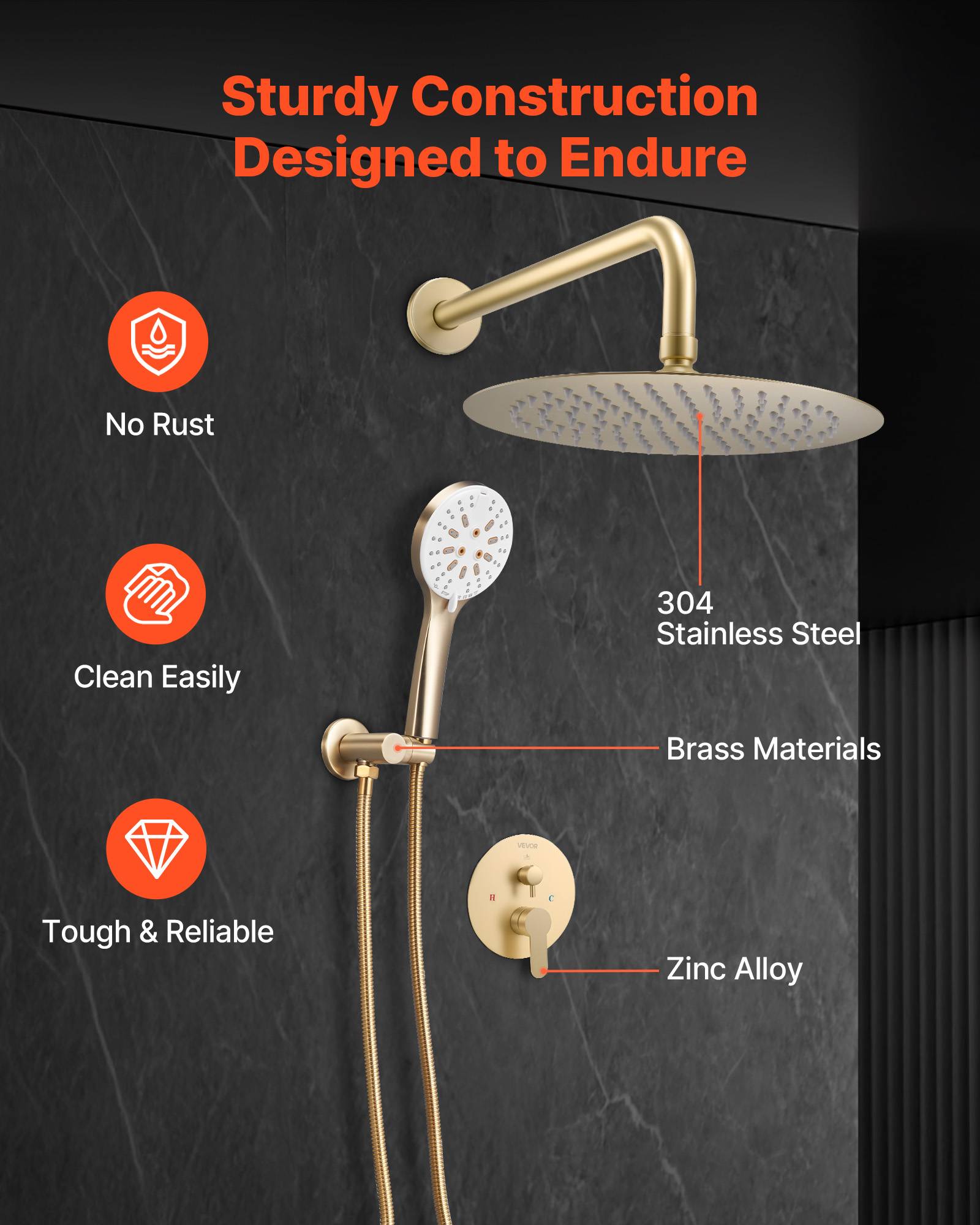 VEVOR Kit de Douche avec Douchette de Tête Ronde 25,4 cm et à Main Or Brossé - Image 6