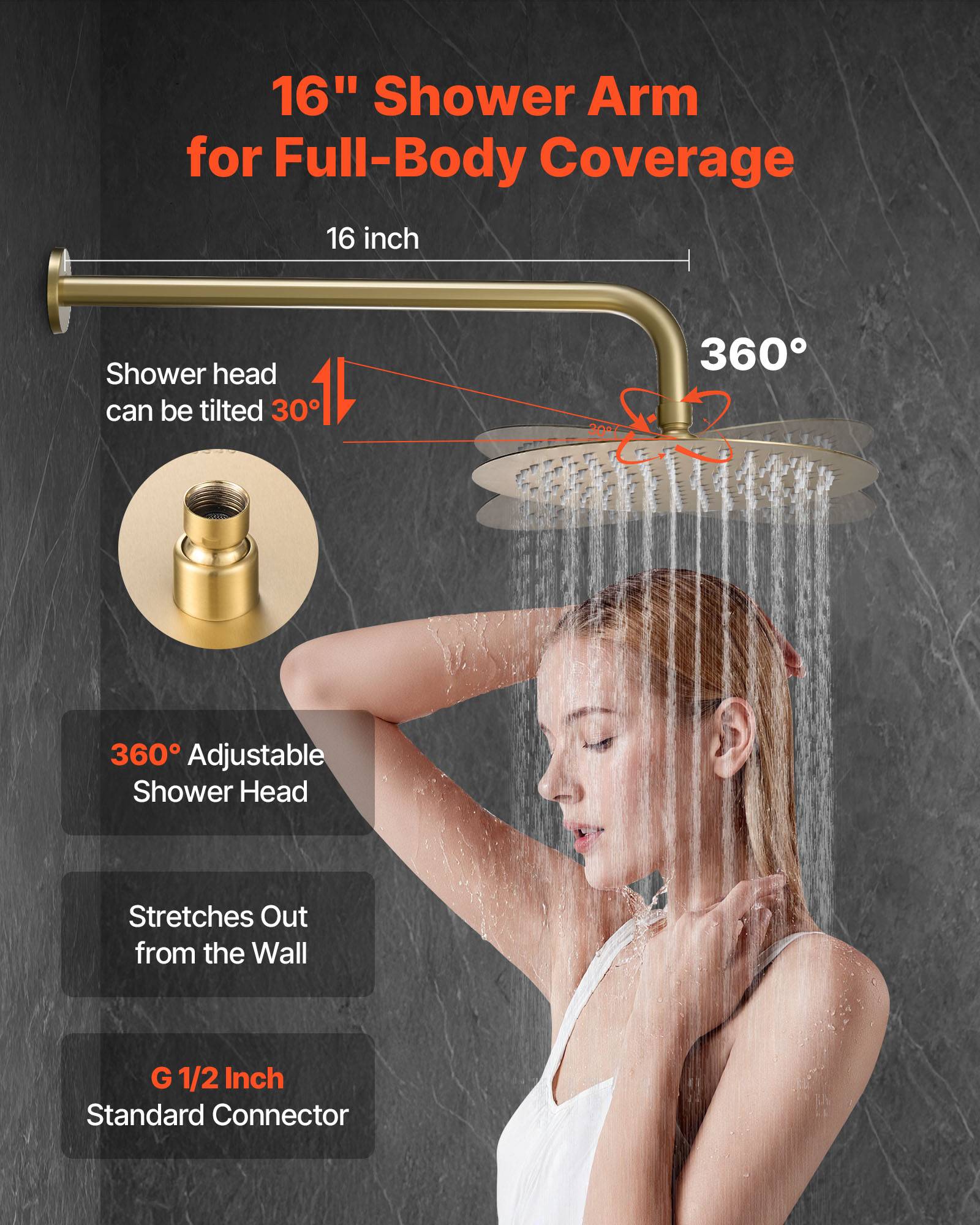 VEVOR Kit de Douche avec Douchette de Tête Ronde 25,4 cm et à Main Or Brossé - Image 4