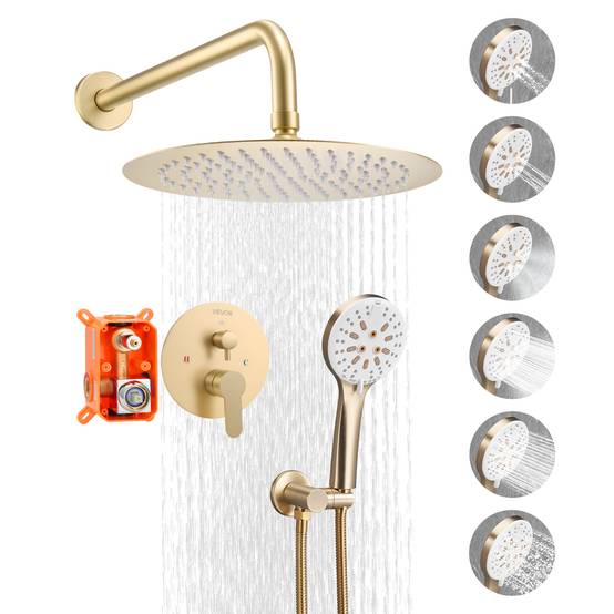 VEVOR Kit de Douche avec Douchette de Tête Ronde 25,4 cm et à Main Or Brossé - Image 1