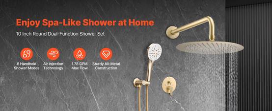VEVOR Kit de Douche avec Douchette de Tête Ronde 25,4 cm et à Main Or Brossé - Image 9
