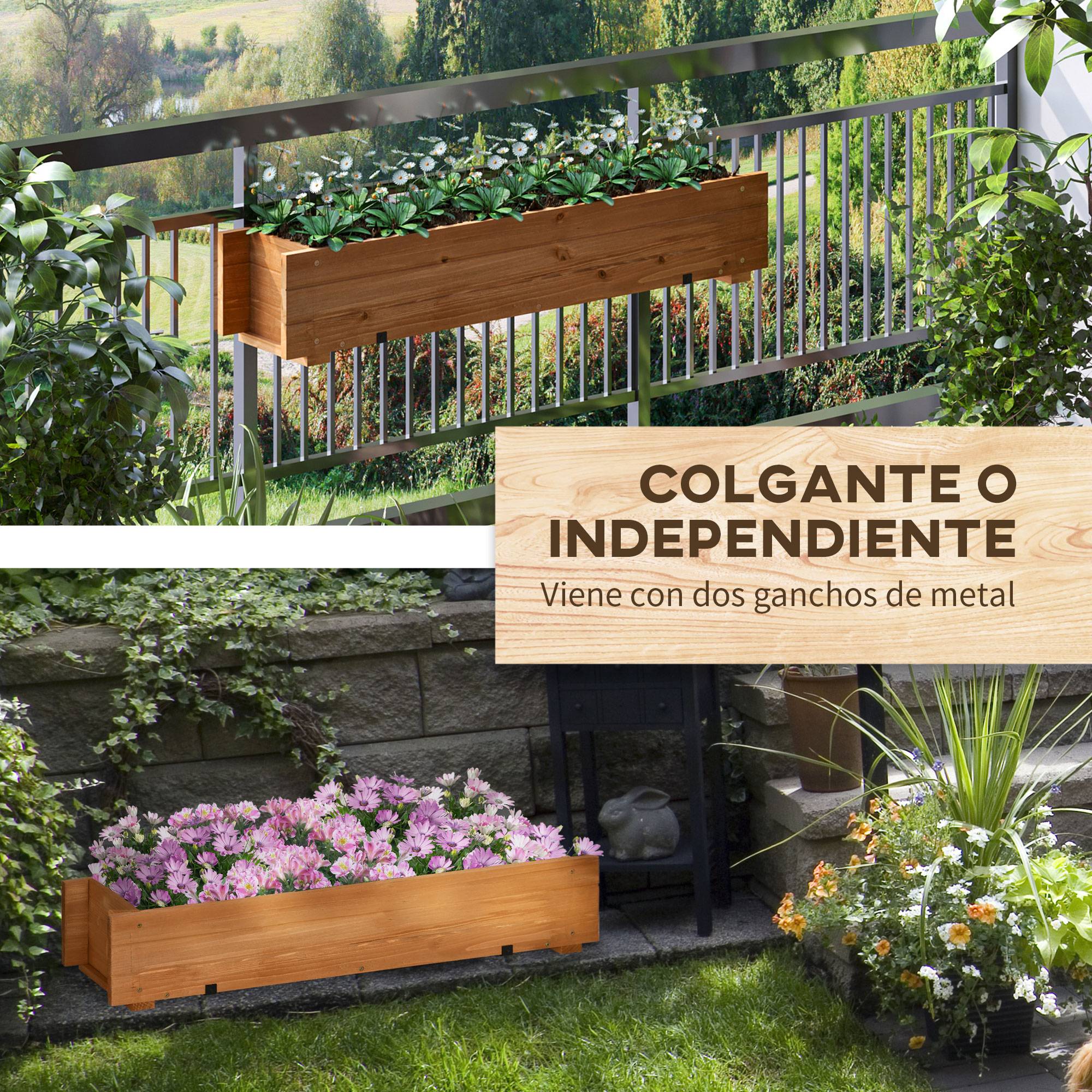 Jardinière en bois avec 2 crochets de suspension pour la culture de plantes et de fleurs d'extérieur 91 x 18 x 16,5 cm Naturel - Image 6