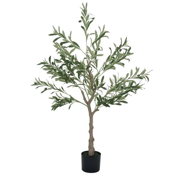 Olivier artificiel décoratif, 120 cm, avec 450 feuilles et 20 olives en pot pour l'intérieur, vert - Image 1