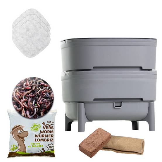 WORMcube Gris Design & Compact I Lombricomposteur 2 plateaux + 500gr de Vers - Image 1