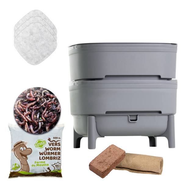 WORMcube Gris Design & Compact I Lombricomposteur 2 plateaux + 500gr de Vers - Image 1