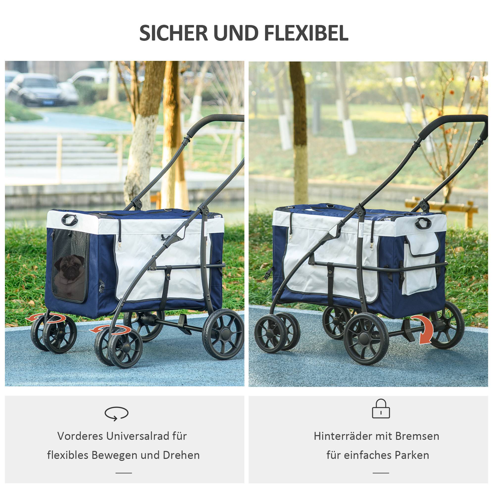 Poussette pour chien, pliable, avec panier amovible, 81 x 58 x 97,5 cm, noir, bleu et blanc - Image 8