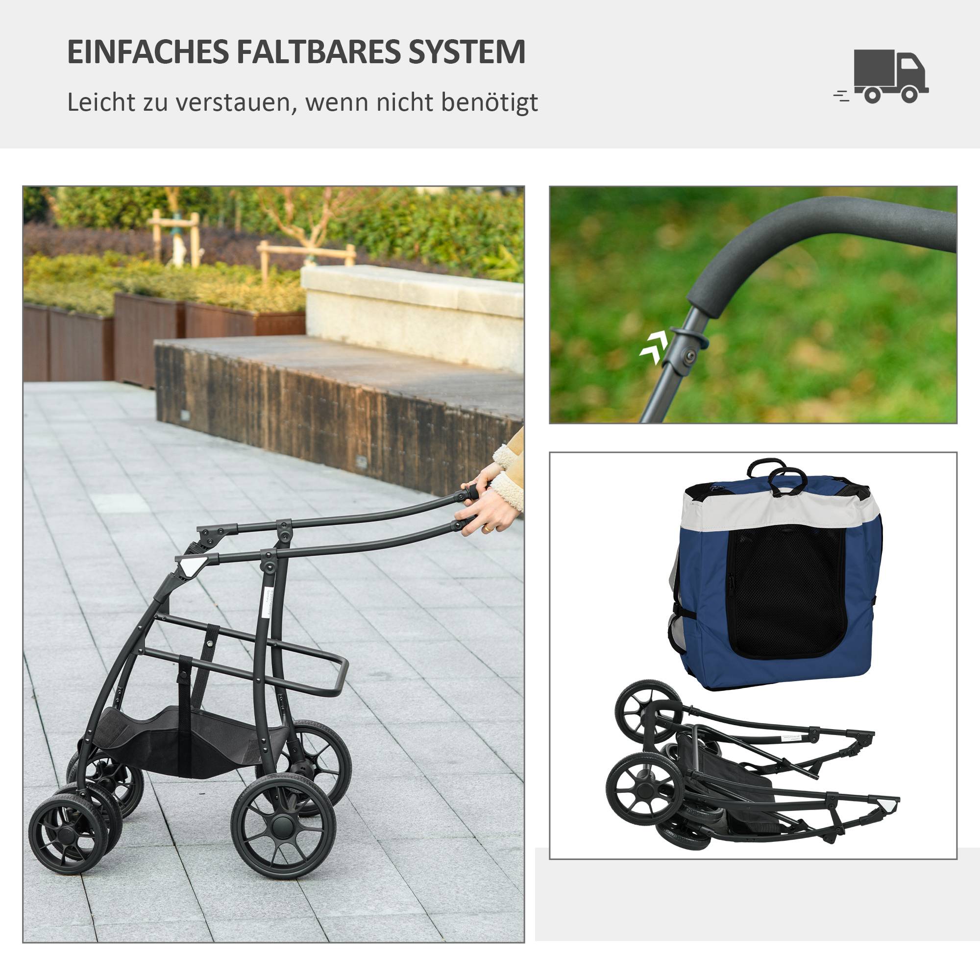 Poussette pour chien, pliable, avec panier amovible, 81 x 58 x 97,5 cm, noir, bleu et blanc - Image 9