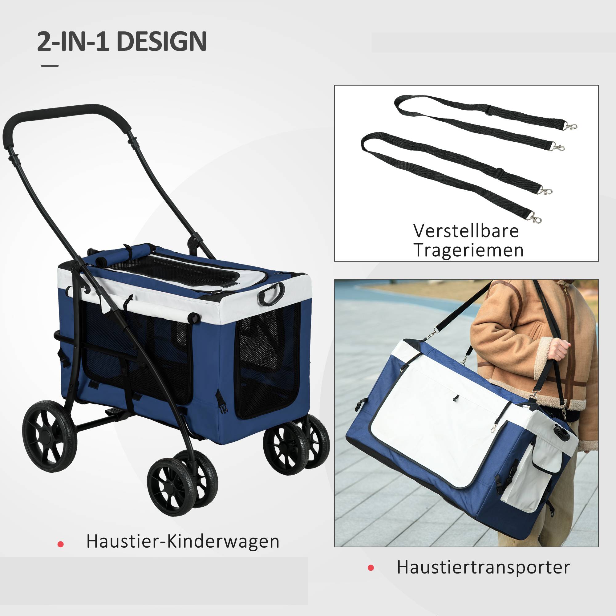Poussette pour chien, pliable, avec panier amovible, 81 x 58 x 97,5 cm, noir, bleu et blanc - Image 7