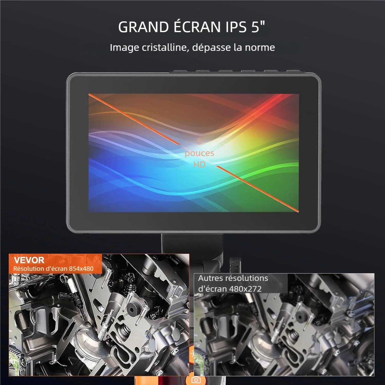 Camera endoscopique flexible: double articulation, objectif 6.4mm, ecran 5 IPS HD, 8X zoom, pour auto et plomberie. - Image 4