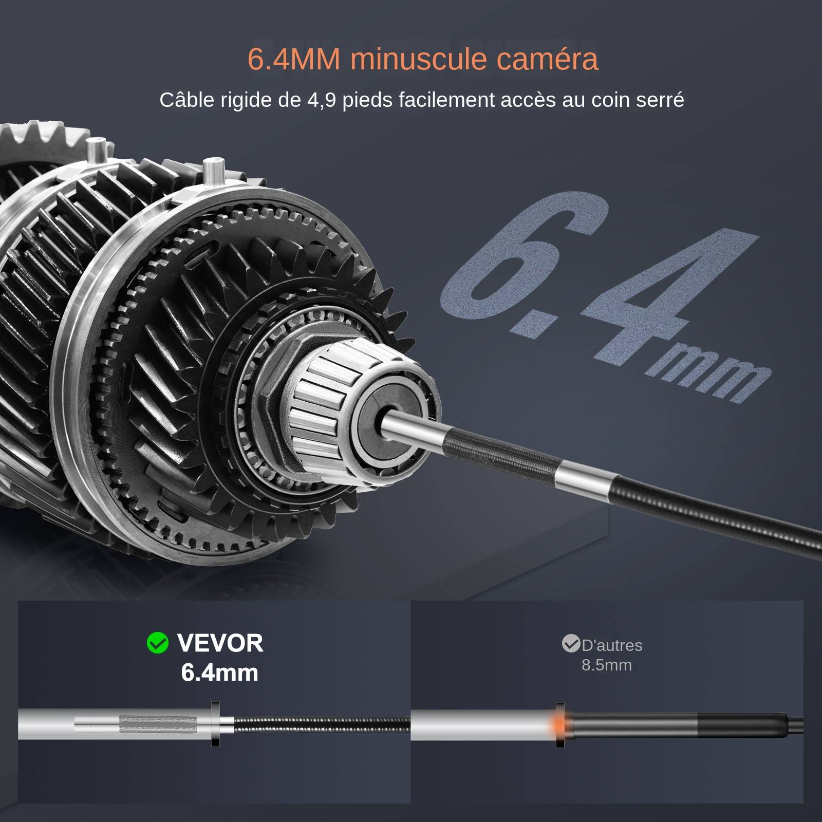 Camera endoscopique flexible: double articulation, objectif 6.4mm, ecran 5 IPS HD, 8X zoom, pour auto et plomberie. - Image 3