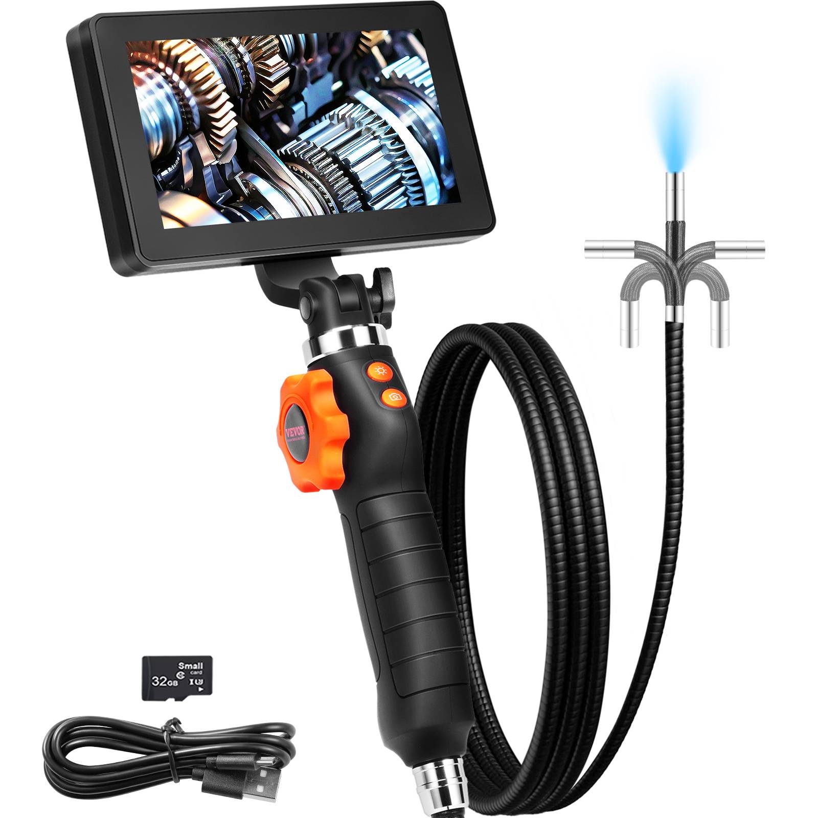 Camera endoscopique flexible: double articulation, objectif 6.4mm, ecran 5 IPS HD, 8X zoom, pour auto et plomberie. - Image 1