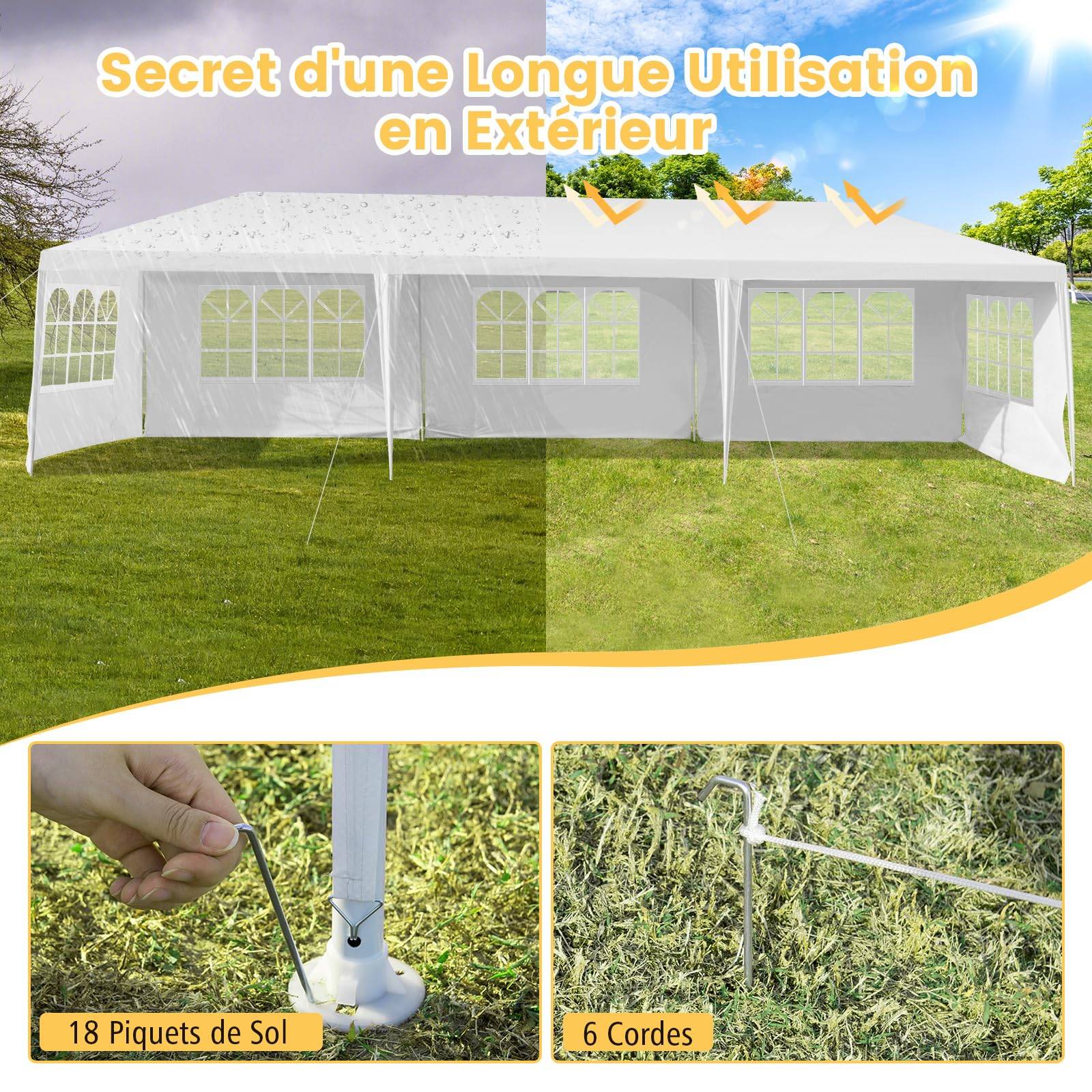 Tonnelle de Jardin 3x9m, 5 Murs Amovibles, Fenêtre sur Côté, Piquets de Terre Solides pour Fêtes de Mariage, BBQ de Plage - Image 4