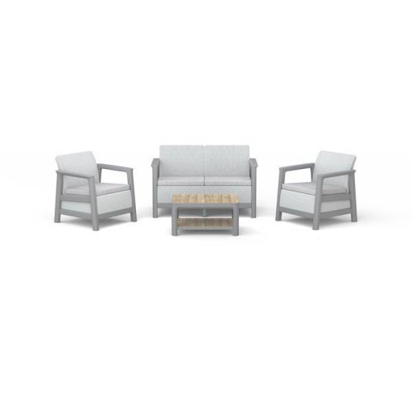 Keter - Salon bas de jardin - Résine - 4 personnes - Keter - Scandi Linea - Table 2 plateaux imitation bois - Imitation canage beige