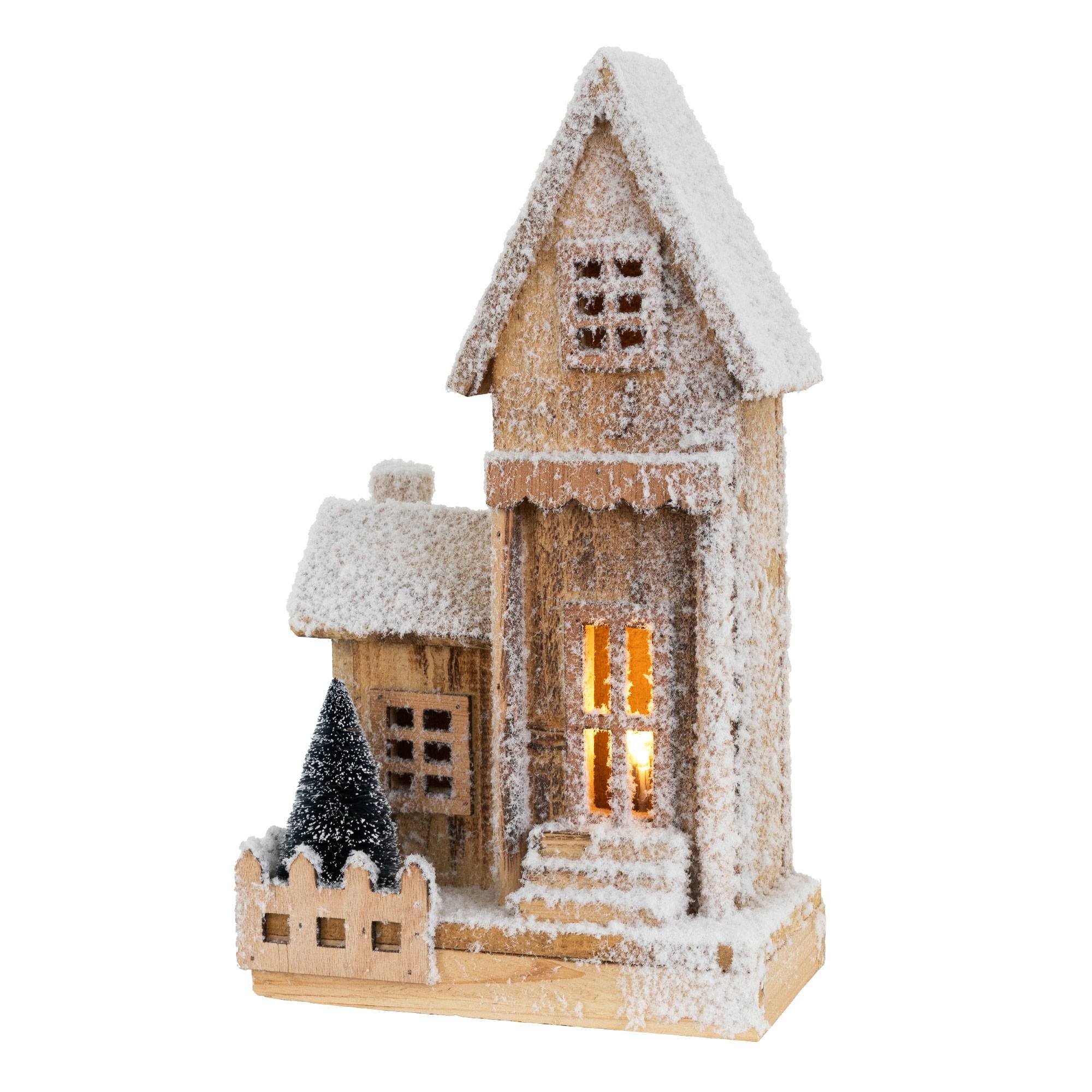 Ecd-Germany - Maison de Noël décoration hiver LED ornement en bois avec minuterie 21x11x38 cm - Image 1