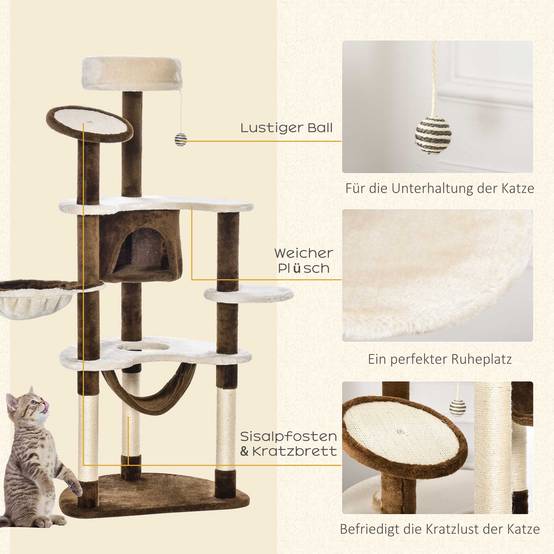 Arbre à chat XXL 153 cm, niche, hamac, peluche marron, jeu et détente - Image 5