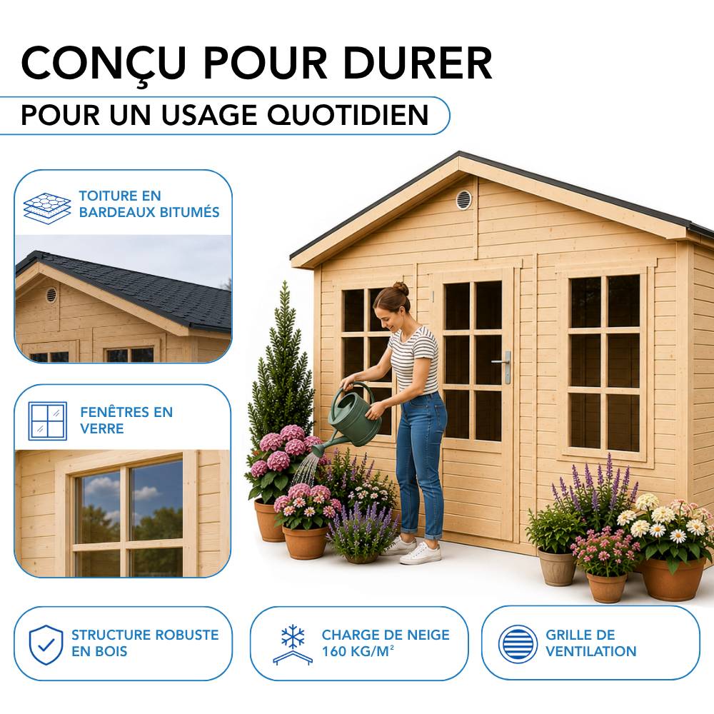 Timbela - Abri de jardin en bois - 21,97 m² - 630x382xH267 cm - sans plancher avec bardeaux bitumineux couleur gris - 17 mm d’épaisseur - Timbela M737 - Image 8