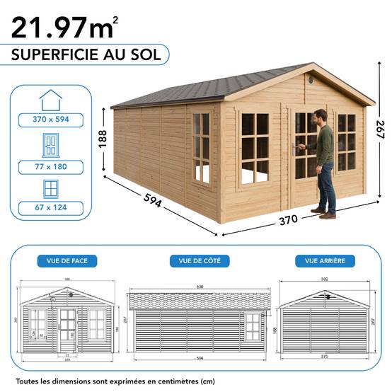 Timbela - Abri de jardin en bois - 21,97 m² - 630x382xH267 cm - sans plancher avec bardeaux bitumineux couleur gris - 17 mm d’épaisseur - Timbela M737 - Image 6