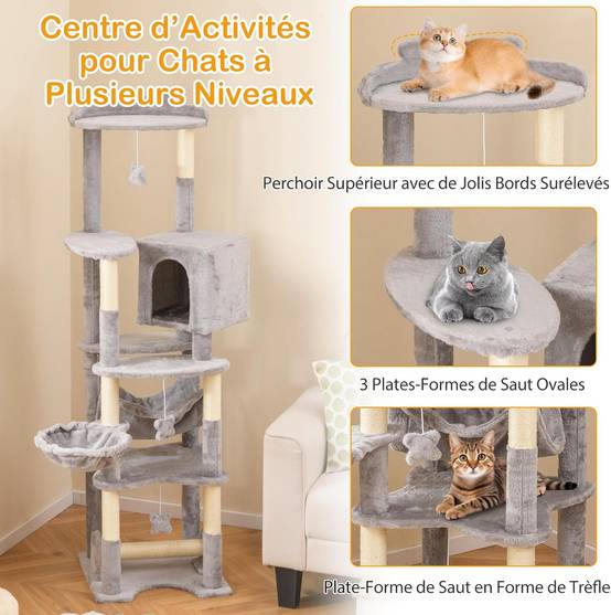 COSTWAY Arbre à Chat XXL 176 cm, 7 Poteaux à Griffer en Sisal, 6 Plateformes, Condo, Hamac, Panier, 3 Pompons, Dispositif Anti-basculement, Gris - Image 5