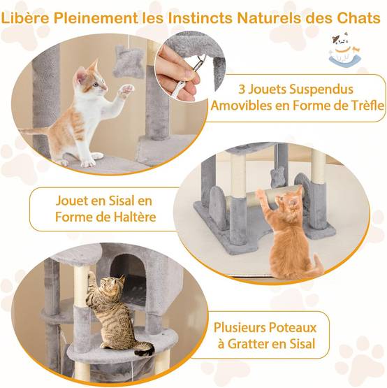 COSTWAY Arbre à Chat XXL 176 cm, 7 Poteaux à Griffer en Sisal, 6 Plateformes, Condo, Hamac, Panier, 3 Pompons, Dispositif Anti-basculement, Gris - Image 7