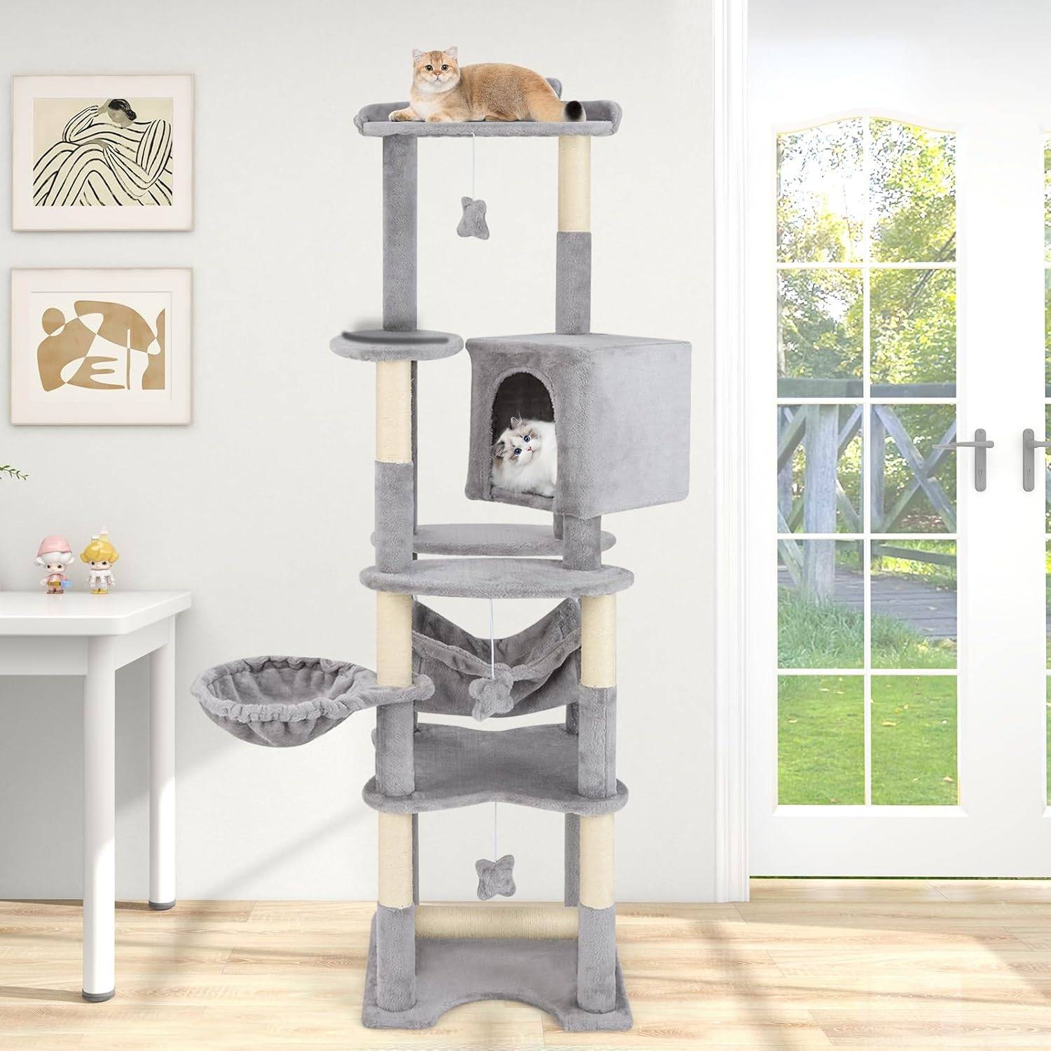 COSTWAY Arbre à Chat XXL 176 cm, 7 Poteaux à Griffer en Sisal, 6 Plateformes, Condo, Hamac, Panier, 3 Pompons, Dispositif Anti-basculement, Gris - Image 3