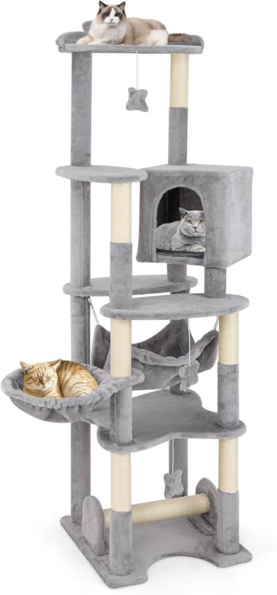 COSTWAY Arbre à Chat XXL 176 cm, 7 Poteaux à Griffer en Sisal, 6 Plateformes, Condo, Hamac, Panier, 3 Pompons, Dispositif Anti-basculement, Gris - Image 1