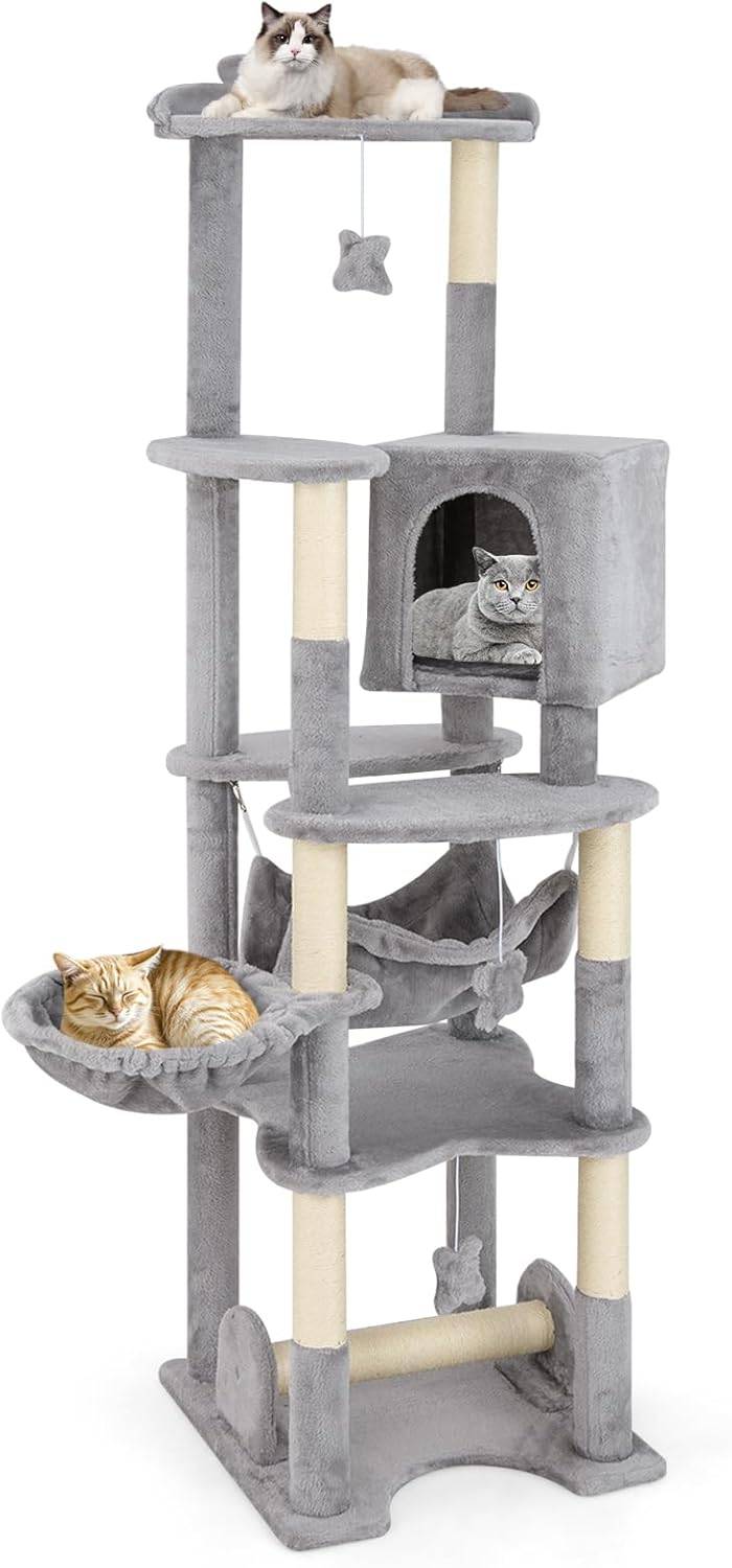 COSTWAY Arbre à Chat XXL 176 cm, 7 Poteaux à Griffer en Sisal, 6 Plateformes, Condo, Hamac, Panier, 3 Pompons, Dispositif Anti-basculement, Gris - Image 1