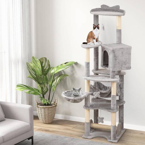 COSTWAY Arbre à Chat XXL 176 cm, 7 Poteaux à Griffer en Sisal, 6 Plateformes, Condo, Hamac, Panier, 3 Pompons, Dispositif Anti-basculement, Gris - Image 2