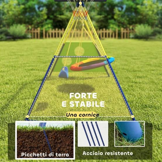 Set balançoire jardin 4-en-1 pour 3-8 ans avec 2 balançoires, panier de basket et but de football, équipement sportif complet - Image 5