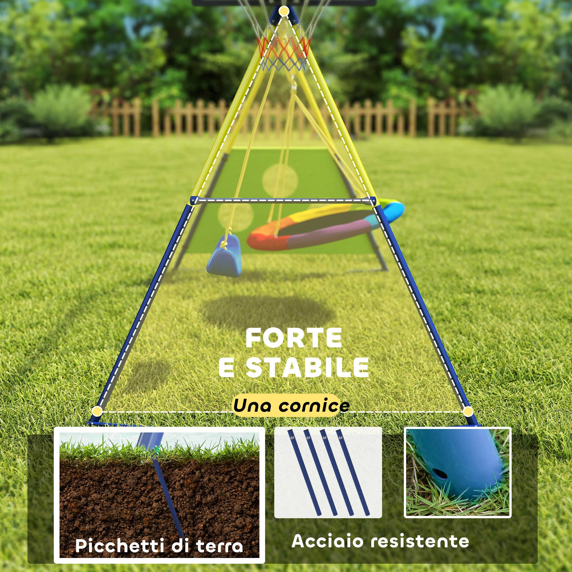 Set balançoire jardin 4-en-1 pour 3-8 ans avec 2 balançoires, panier de basket et but de football, équipement sportif complet - Image 5