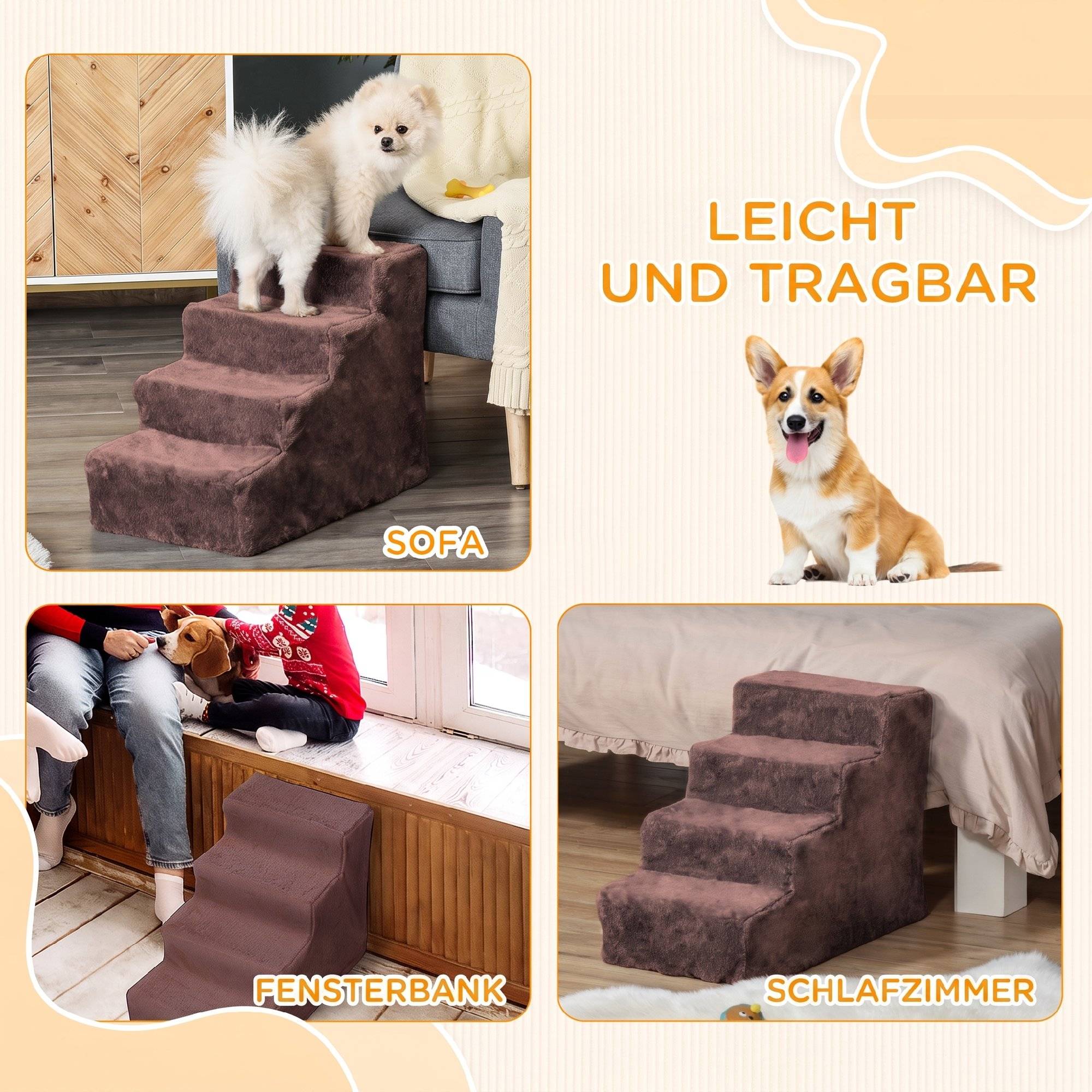 Escalier chien 4 marches, housse amovible, petits chiens, 44 cm, marron - Image 9