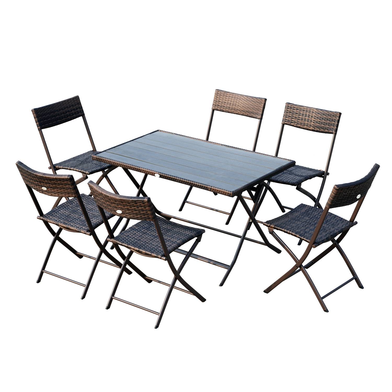 Outsunny - Ensemble salon de jardin 6 personnes grande table rectangulaire pliable + 6 chaises pliantes métal résine tressée PS chocolat - Outsunny - Image 1