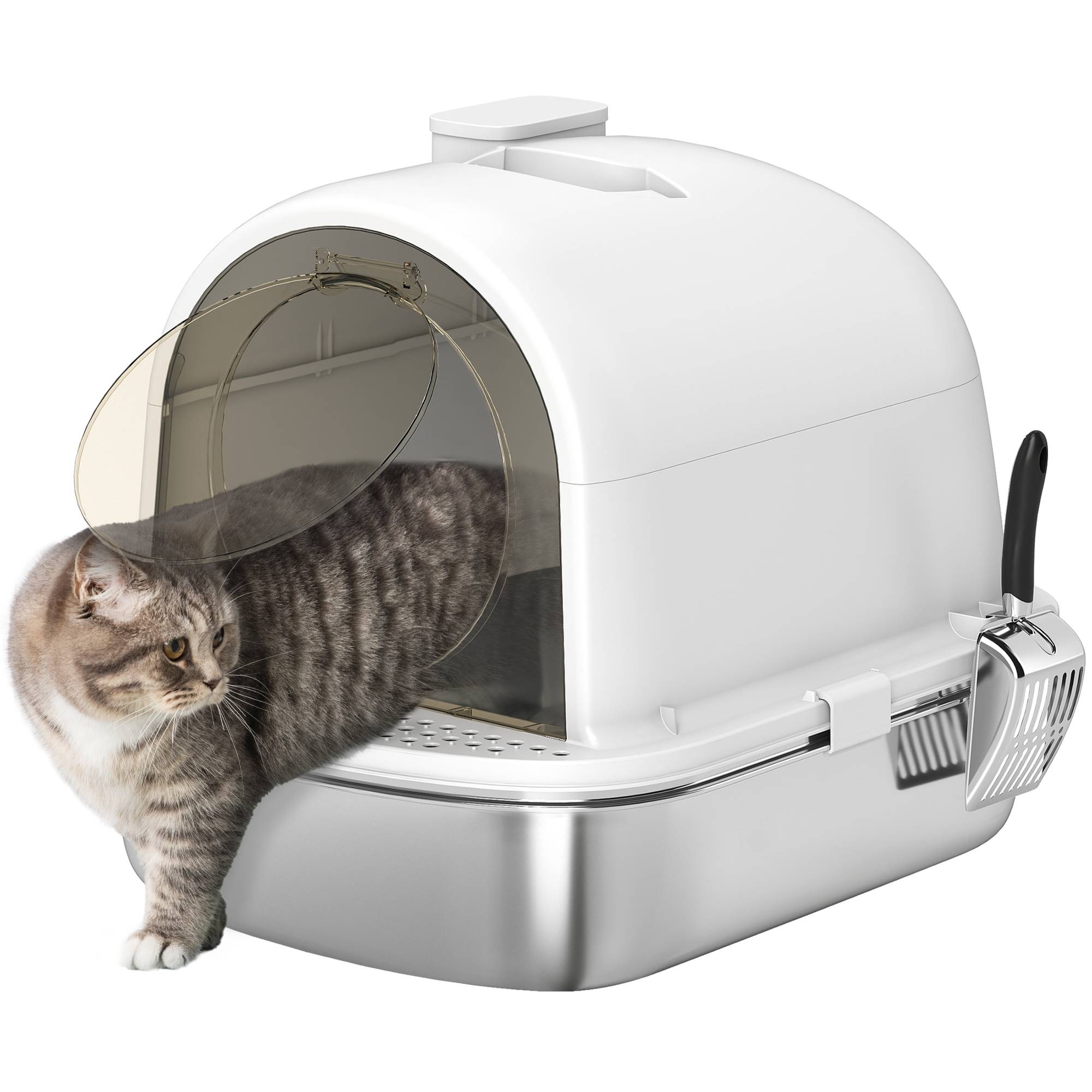 Bac à litière pour chat en acier inoxydable avec couvercle, sac désodorisant, pelle, facile à nettoyer, 52,4 x 41,3 x 39,9 cm, blanc - Image 1