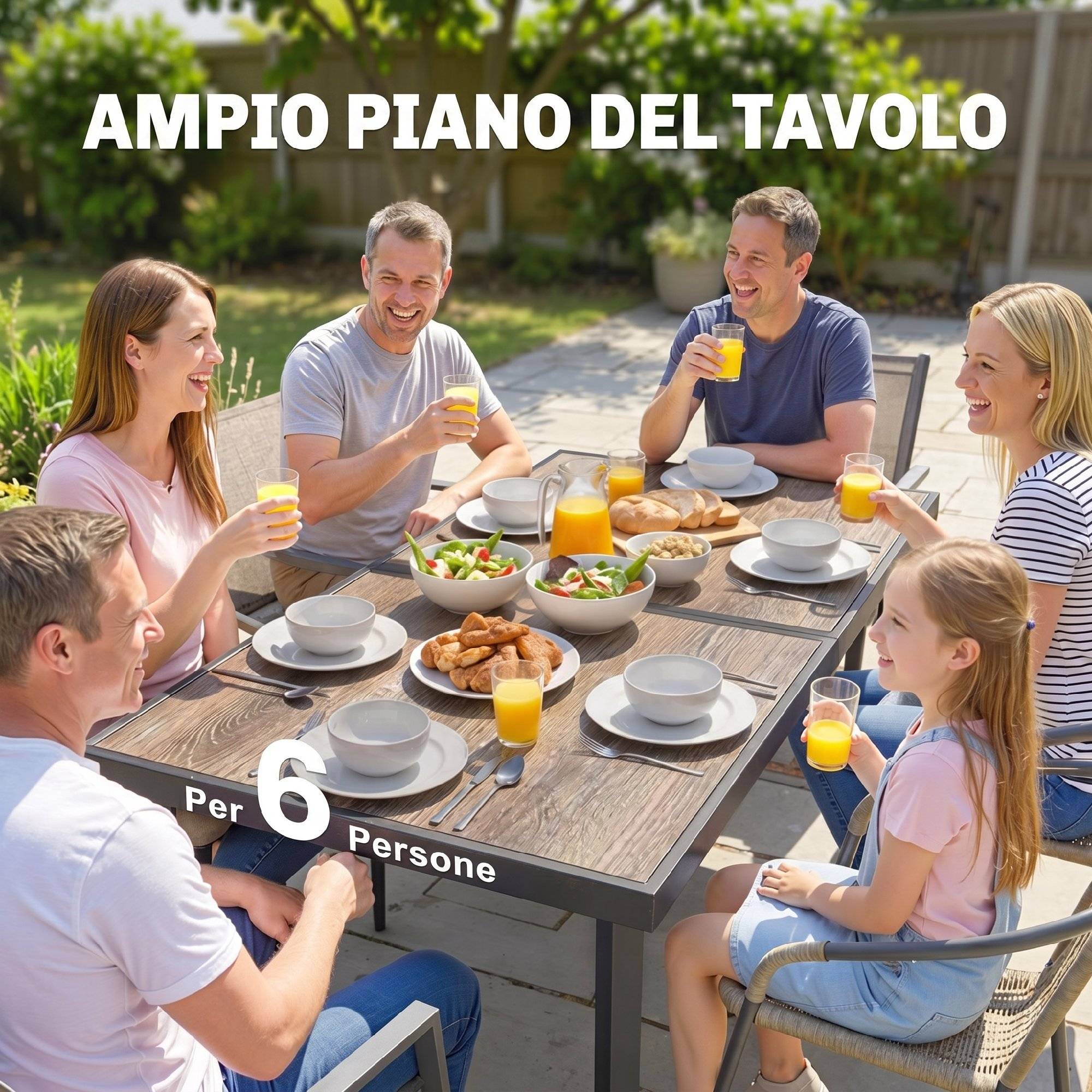 Table de jardin rectangulaire pour 6 personnes avec plateau effet bois, en acier et PSPC, 145 x 85 x 72 cm, grise - Image 8