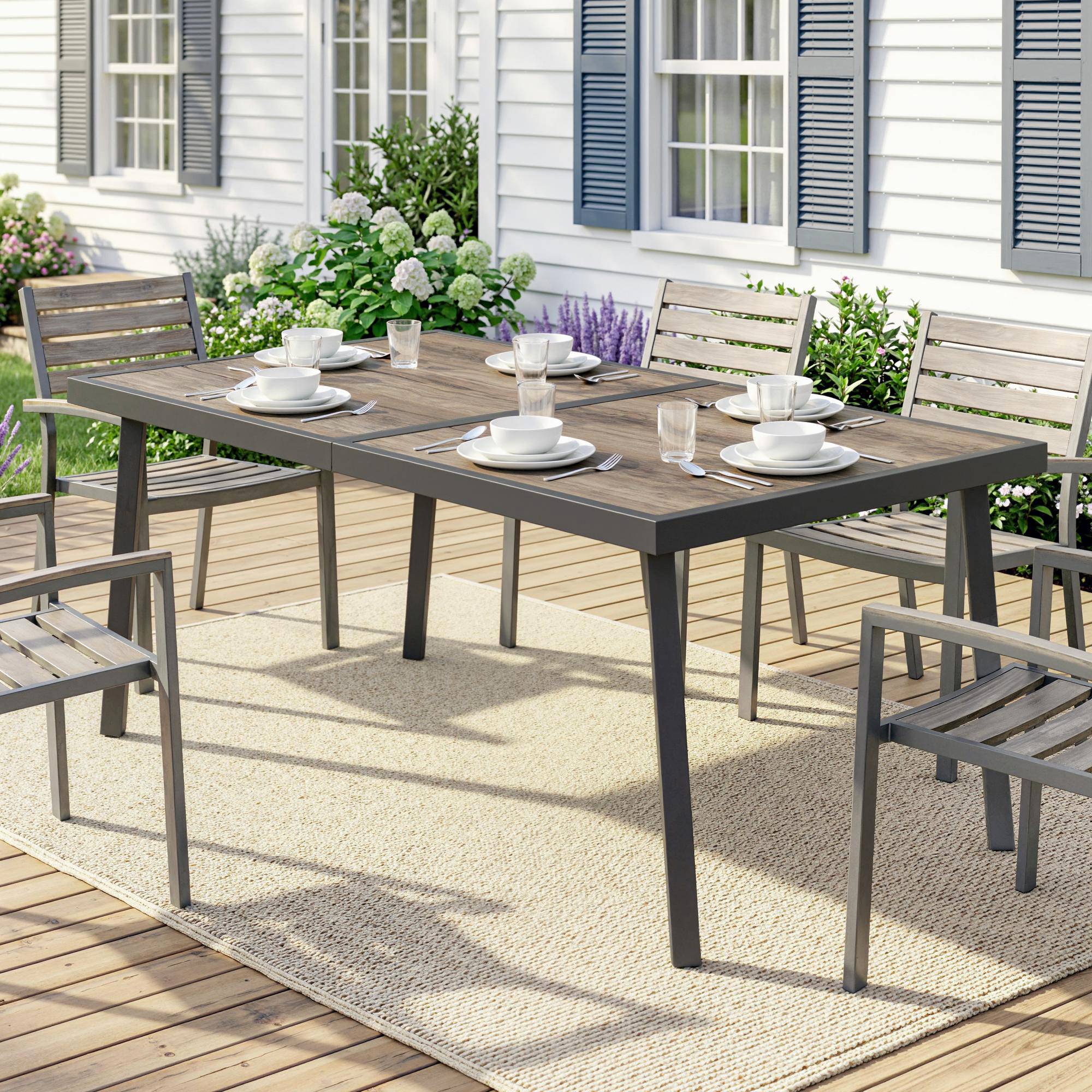 Table de jardin rectangulaire pour 6 personnes avec plateau effet bois, en acier et PSPC, 145 x 85 x 72 cm, grise - Image 4